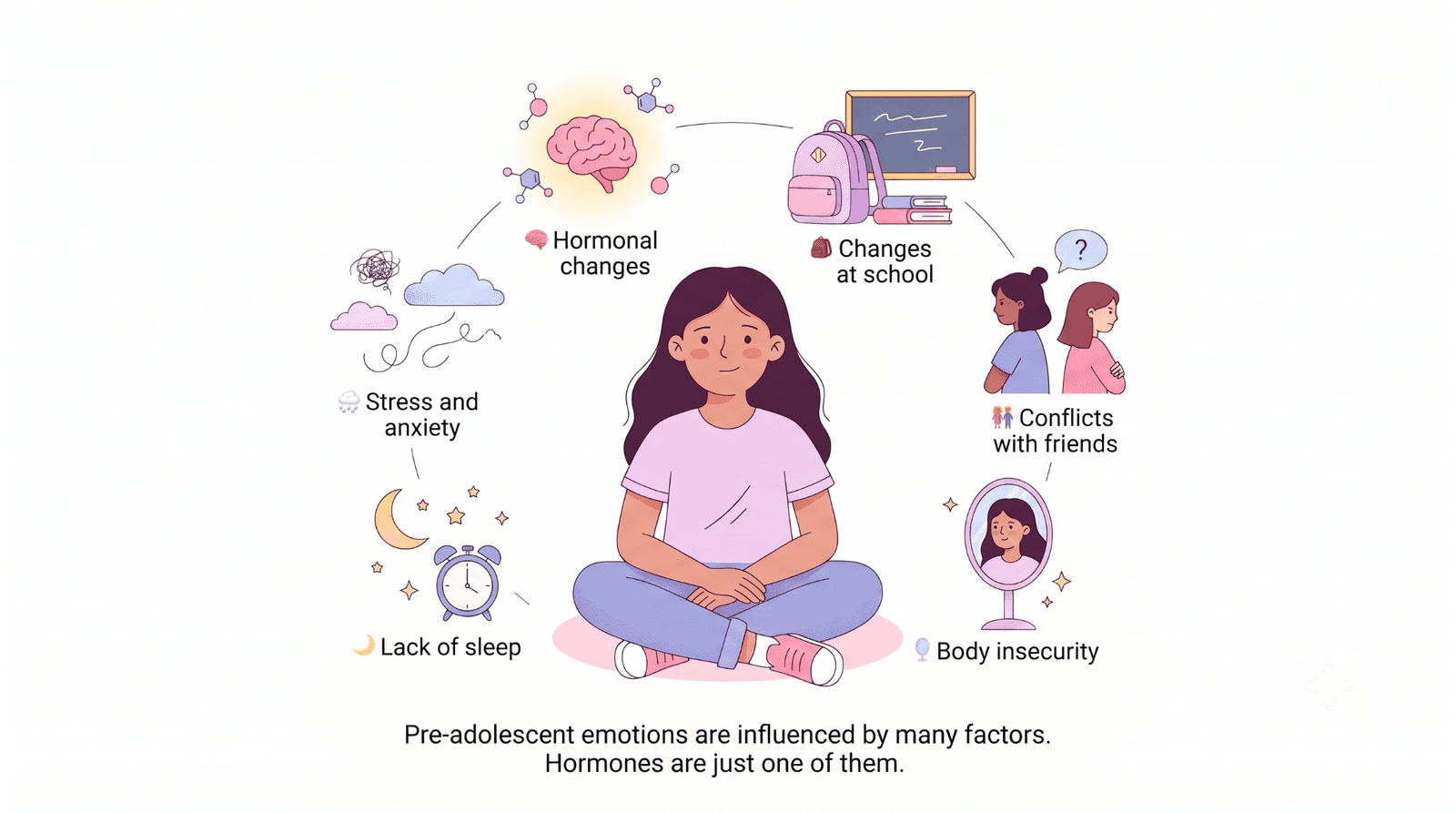 Illustration of a preteen girl centered in the image, surrounded by icons representing hormonal changes