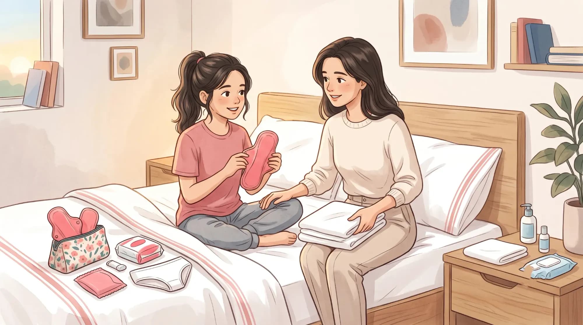 This illustration shows a supportive moment between a woman and a young girl