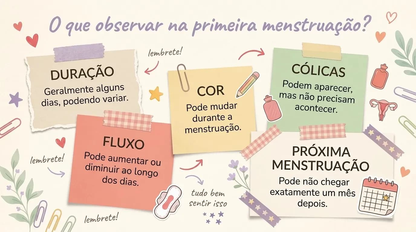 Infográfico em estilo scrapbook mostra o que observar na primeira menstruação, incluindo duração, fluxo, cor, cólicas e próxima menstruação.