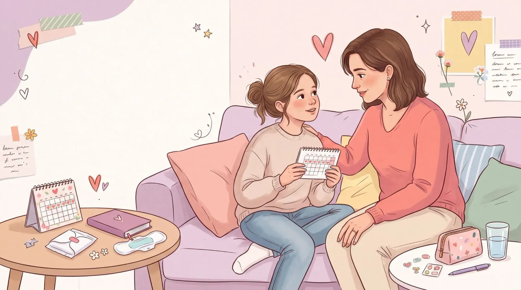 Ilustração de mãe conversando com a filha sobre a primeira menstruação em um ambiente acolhedor, com calendário e itens menstruais ao redor.