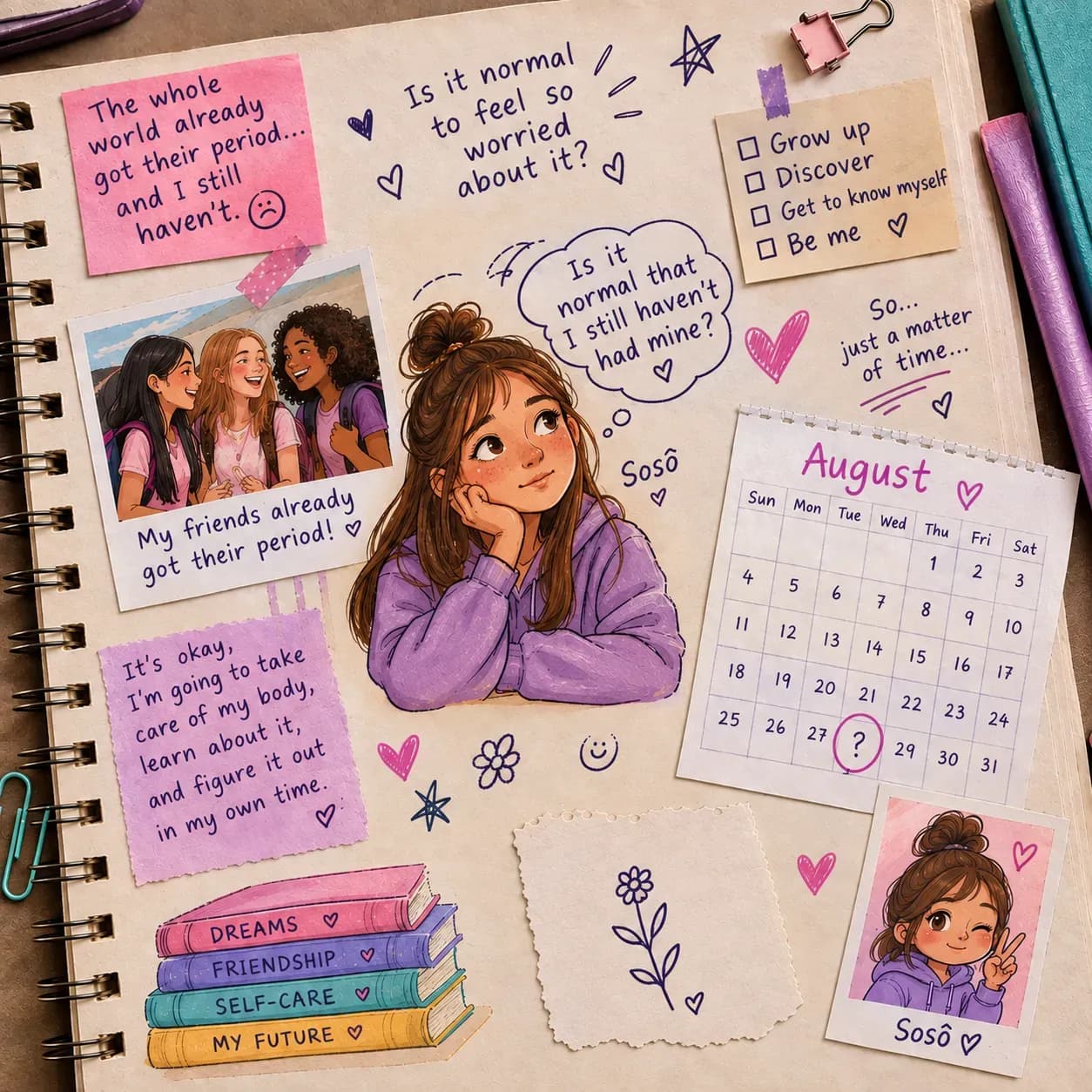 A teenage scrapbook page with a notebook, paper clips, doodles, a calendar, and the Soso character, showing a girl waiting for her first period while her friends have already gotten theirs.