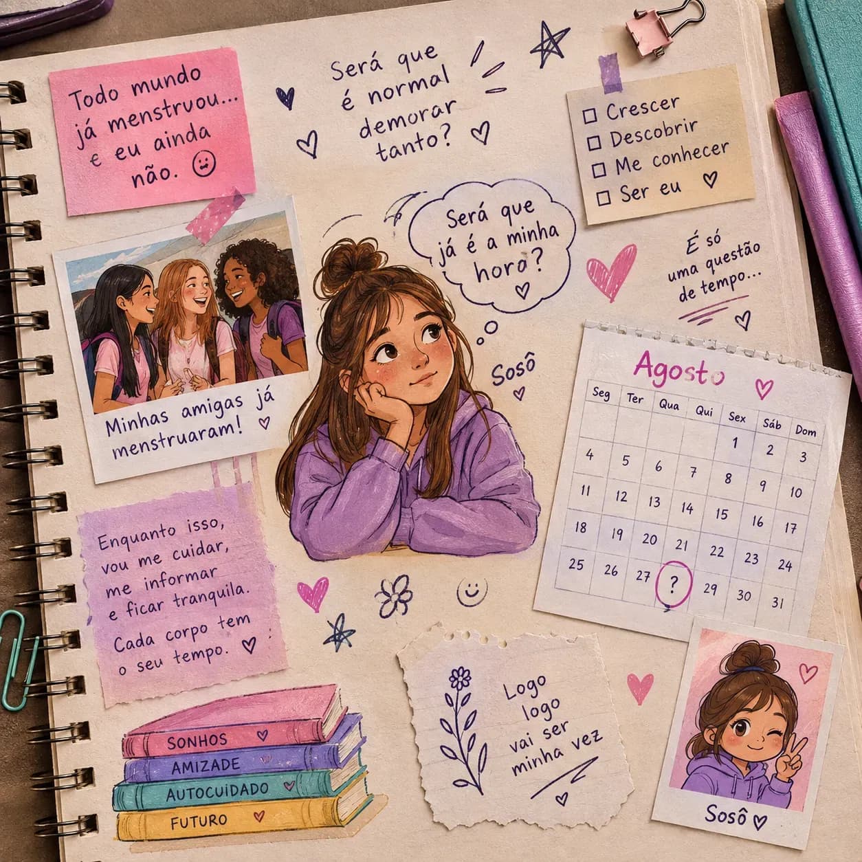 Página de scrapbook adolescente com caderno, clips, rabiscos, calendário e a personagem Sosô, representando uma menina que espera pela primeira menstruação enquanto as amigas já menstruaram.