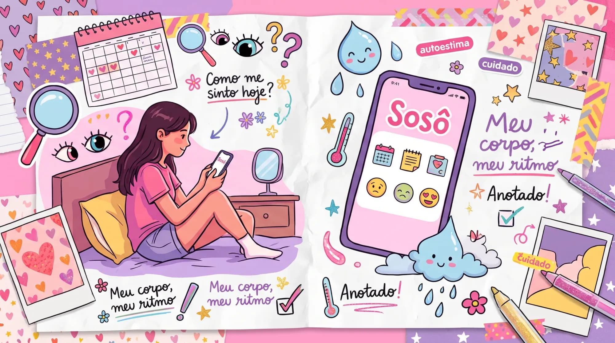 composição em estética adolescente scrapbook mostrando uma menina usando o celular com o app Sosô.
