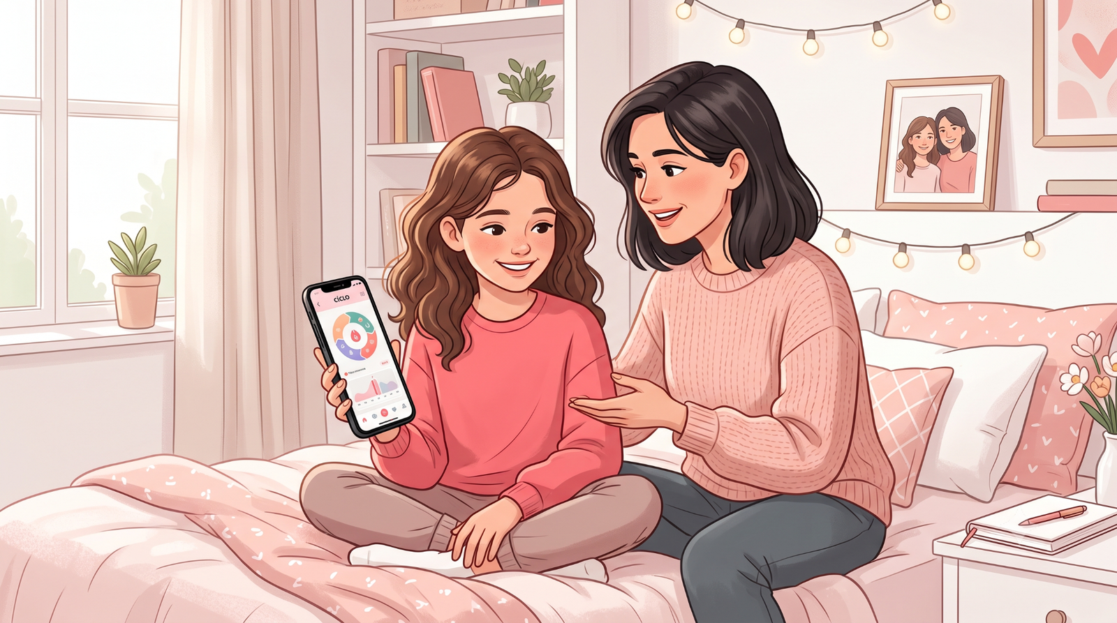 A mother and her young daughter sitting on a bed together, smiling while looking at a cycle-tracking app on a smartphone.