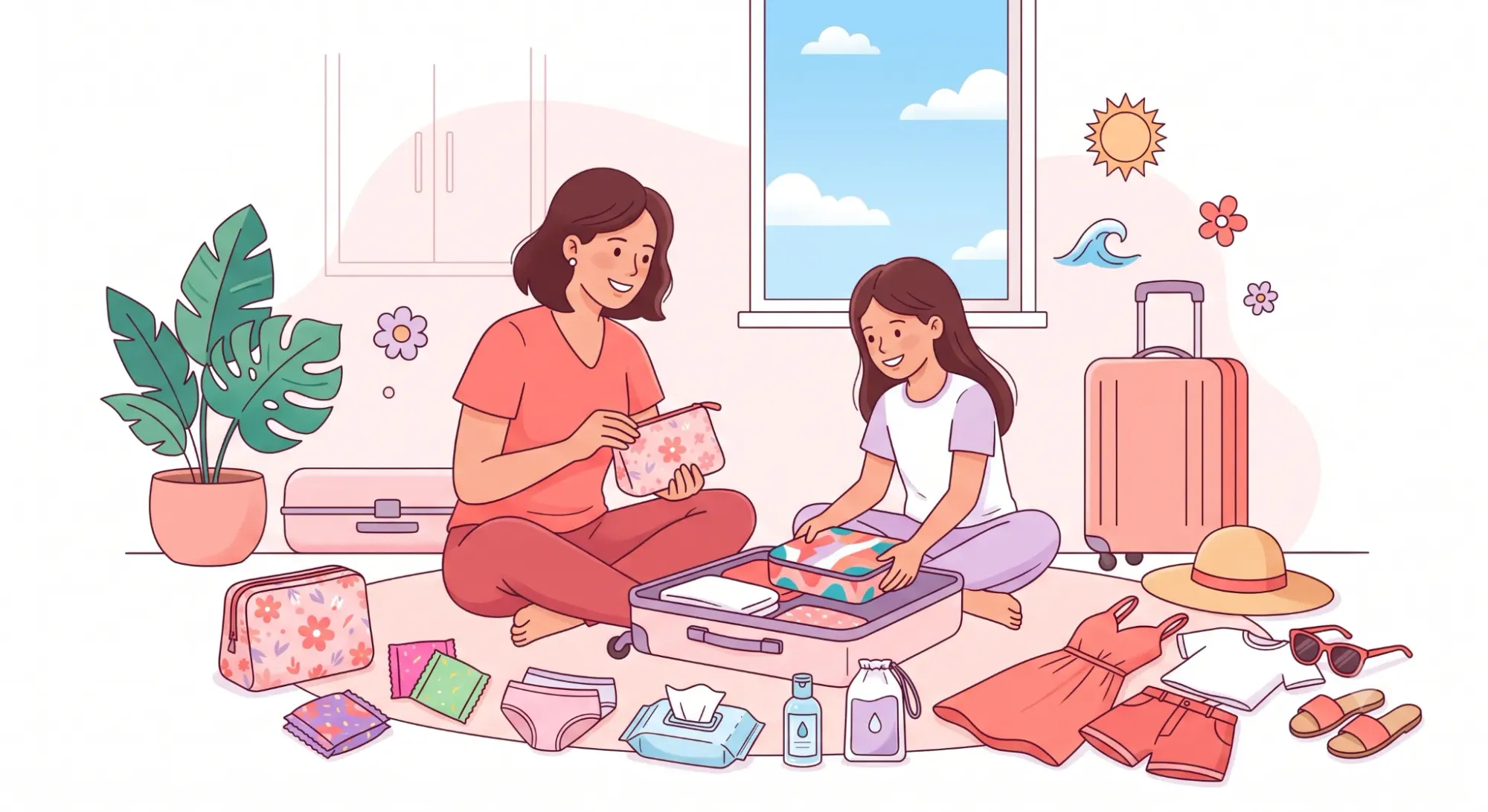 Ilustração de uma mãe e sua filha pré-adolescente organizando uma mala de viagem juntas. Ao lado das roupas de férias, elas preparam um kit de menstruação com nécessaire, absorventes, calcinhas extras, lenços umedecidos e álcool em gel, transmitindo acolhimento, organização e confiança para a primeira menstruação durante as férias.
