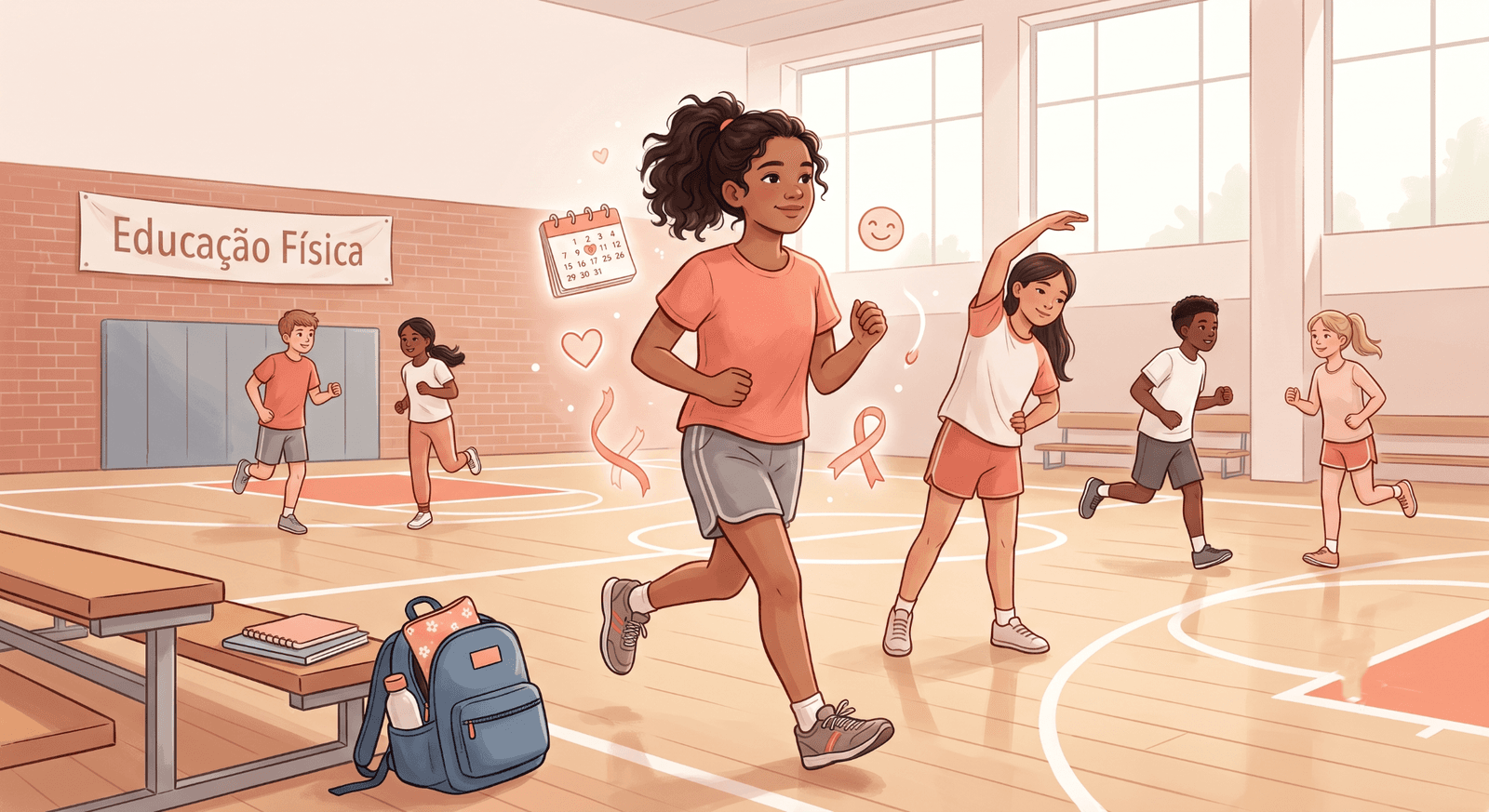 Menina pré-adolescente participando de aula de Educação Física menstruada, praticando atividade esportiva
