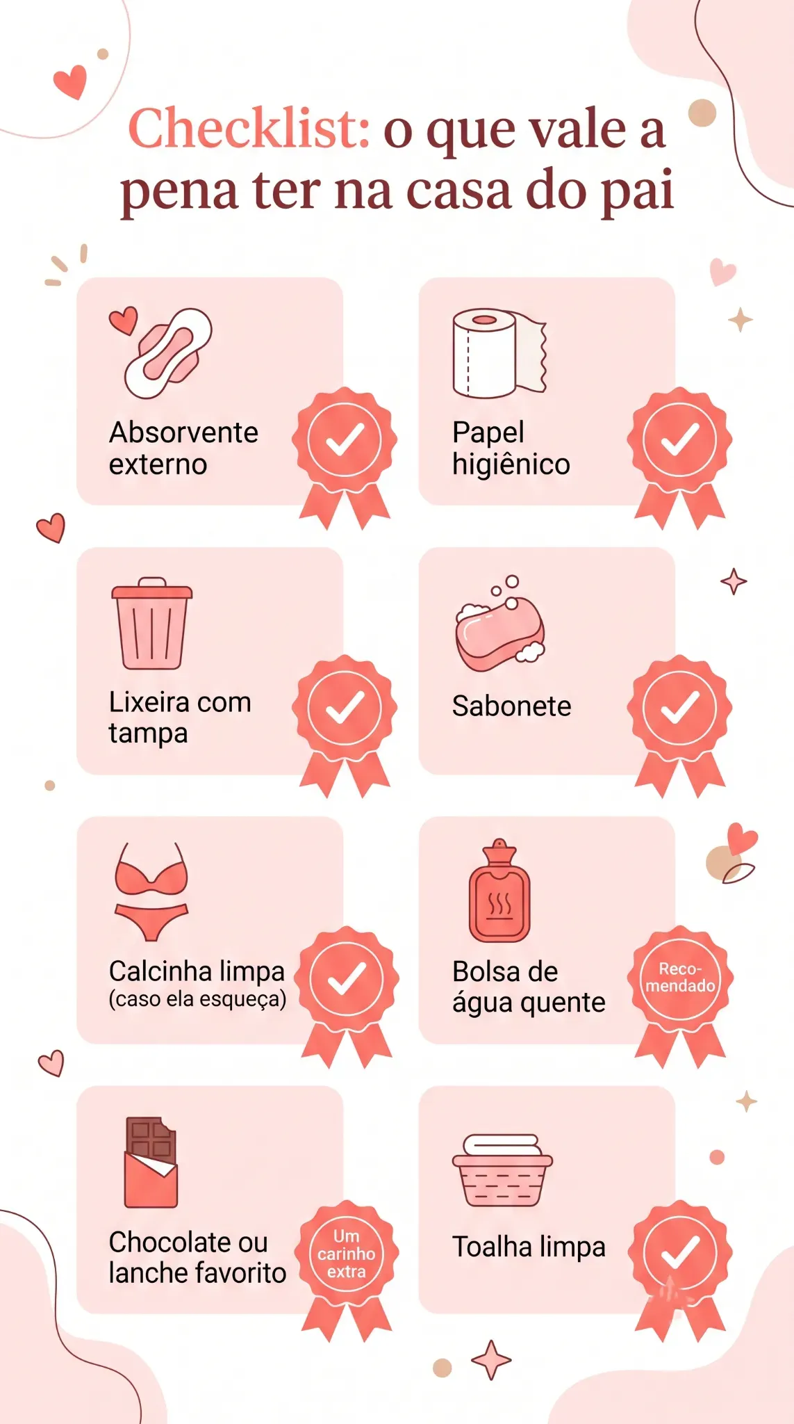 Ilustração em estilo infográfico com fundo branco e detalhes em rosa coral, apresentando um checklist dos itens que vale a pena ter na casa do pai para acolher a filha durante a menstruação. Cada item aparece acompanhado de um ícone ilustrado e um selo de confirmação: absorvente externo, papel higiênico, lixeira com tampa, sabonete, calcinha limpa, bolsa de água quente, chocolate ou lanche favorito e toalha limpa. O design transmite cuidado, organização e acolhimento.
