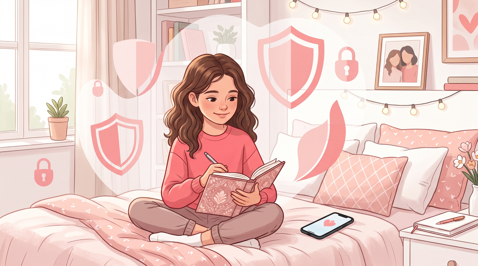 Menina pré-adolescente registrando emoções e informações do ciclo menstrual em um diário e no celular, simbolizando autoconhecimento, privacidade e uso de um aplicativo de menstruação seguro.