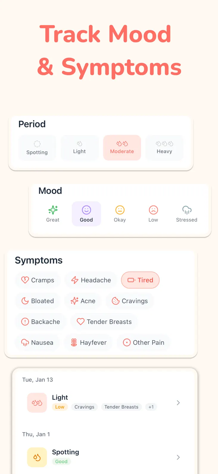 Logging flow, mood and symptoms for the day
