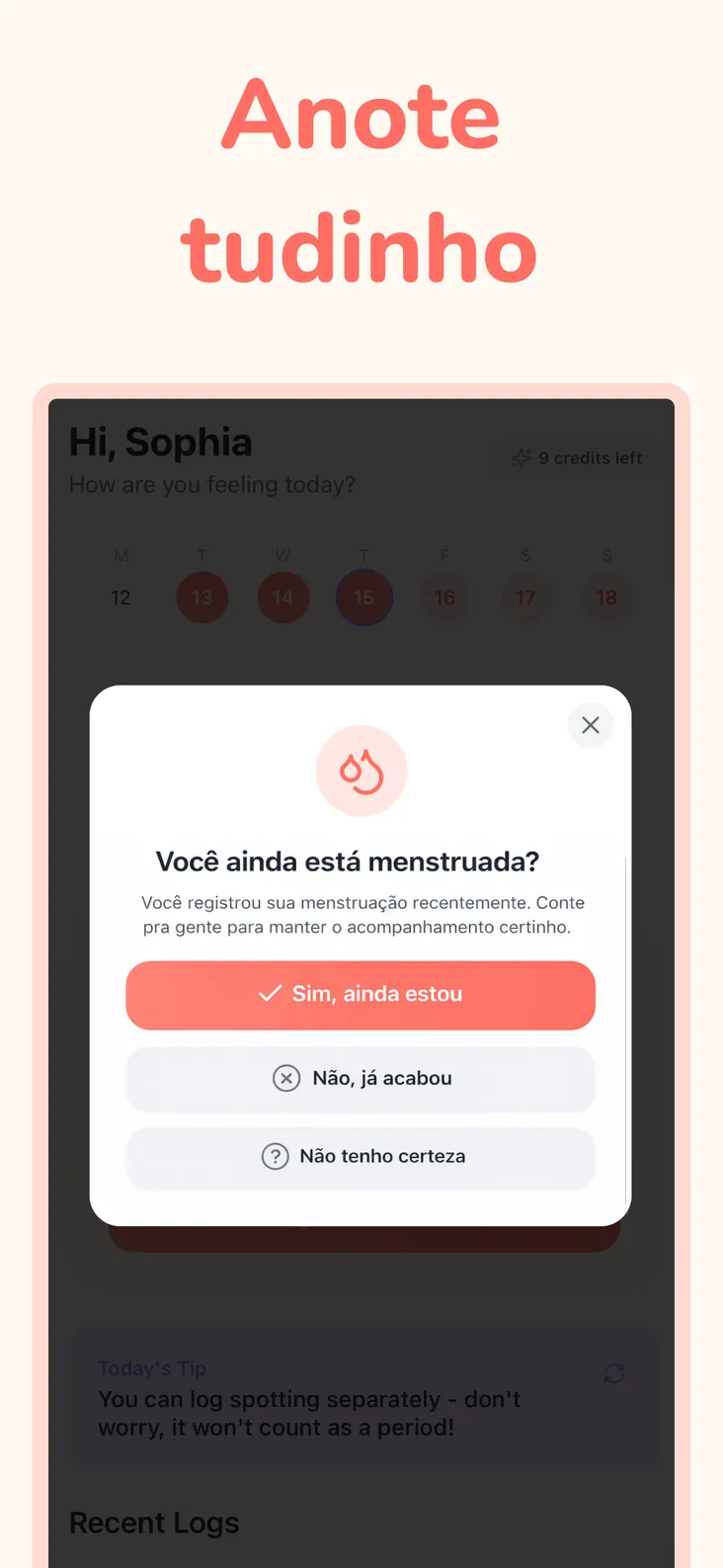Registro de fluxo, humor e sintomas do dia